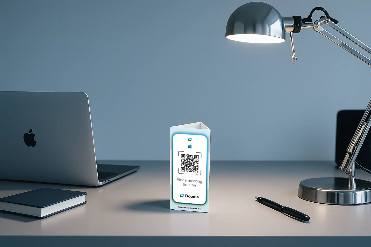 QR code table stand inviting visitors to book on Doodle