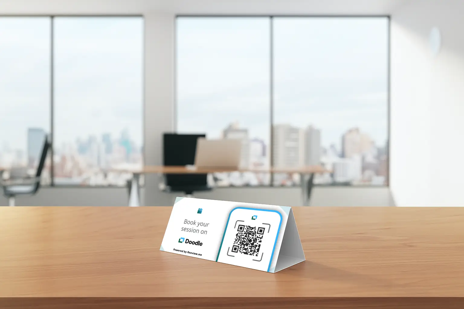 Doodle QR code table tent placed on café table for instant scheduling