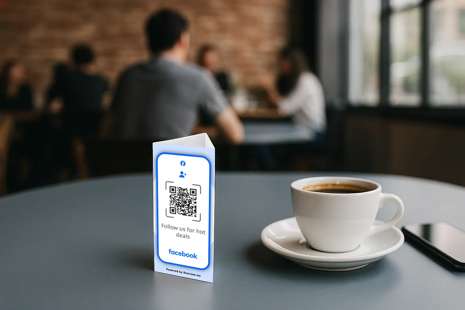 Facebook QR code table stand inviting seated customers to follow on Facebook instantly