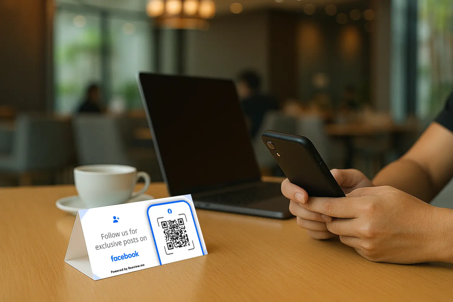 Tabletop QR code tent connecting customers to Facebook page