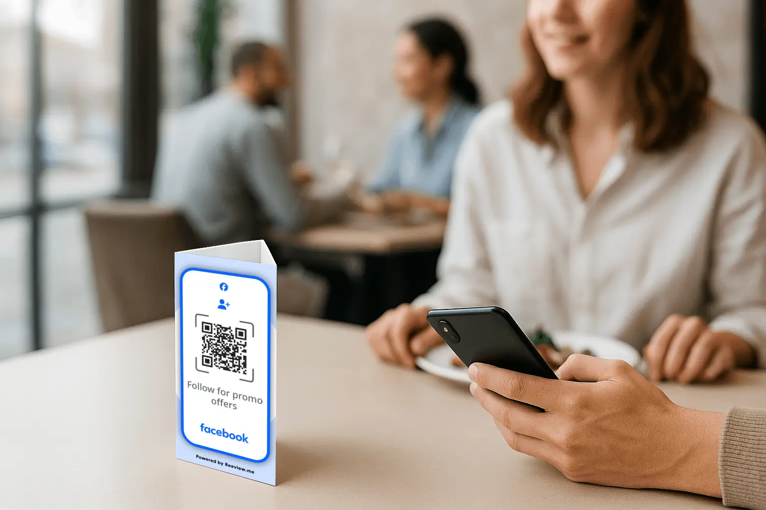 QR code table stand helping guests follow Facebook at café table