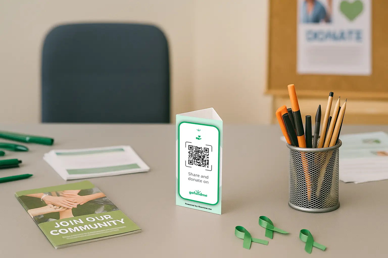 GoFundMe QR Code Table Stand inviting donations on display