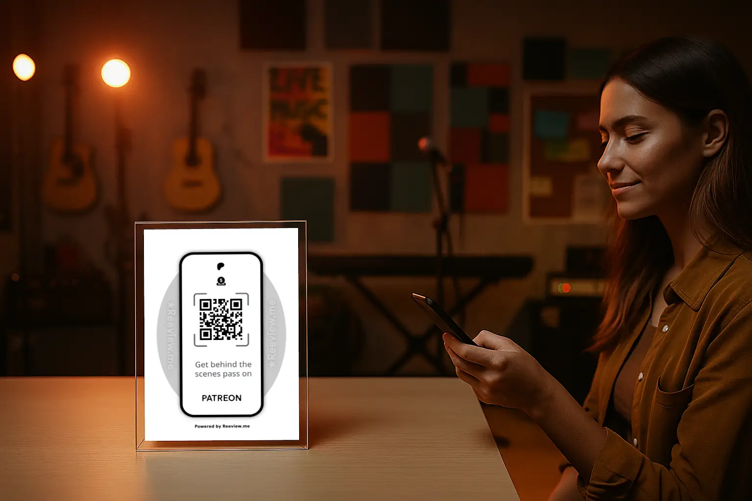 Display Sign with Patreon QR code on studio desk