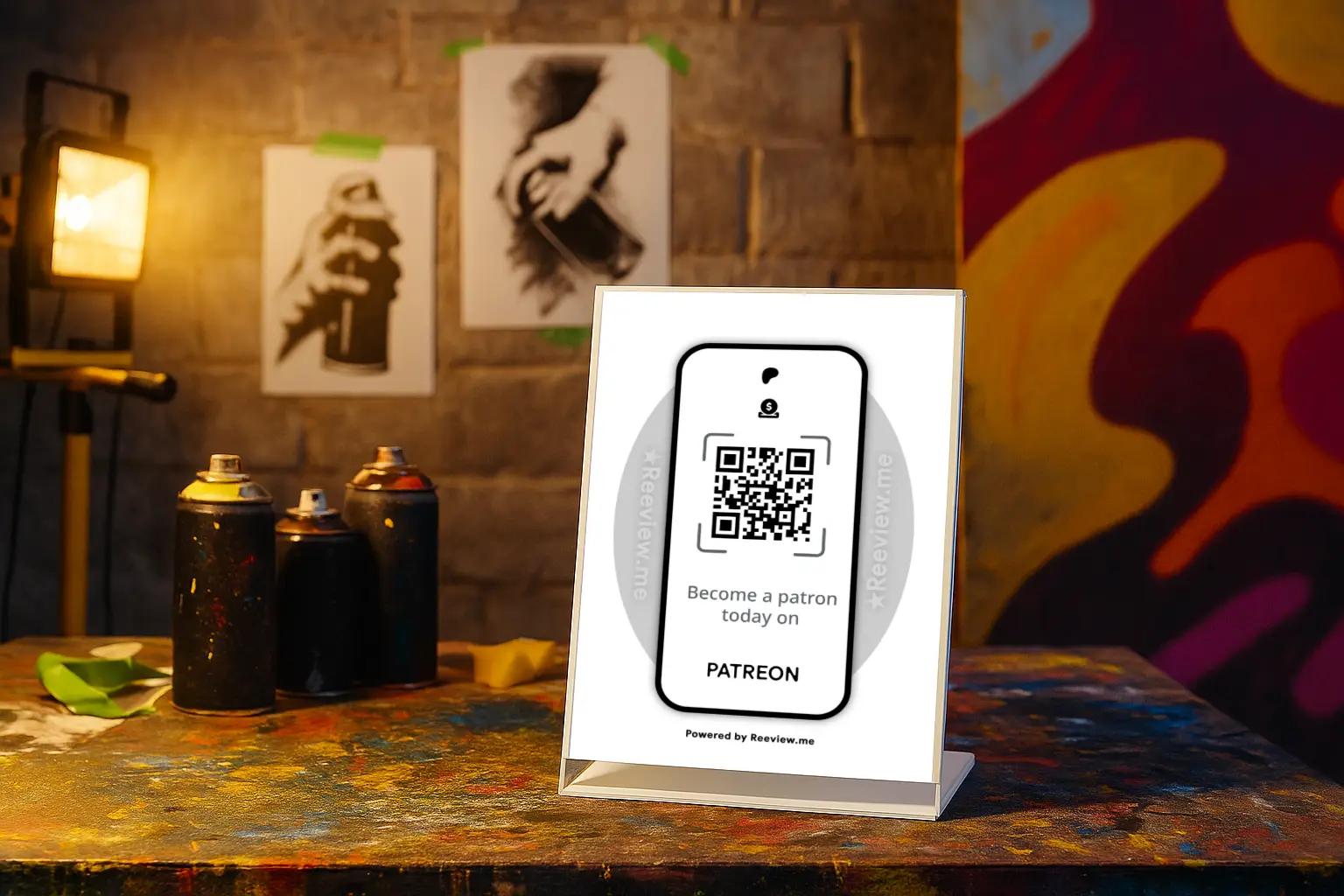 Patreon QR Code Sign on table for artists and creators