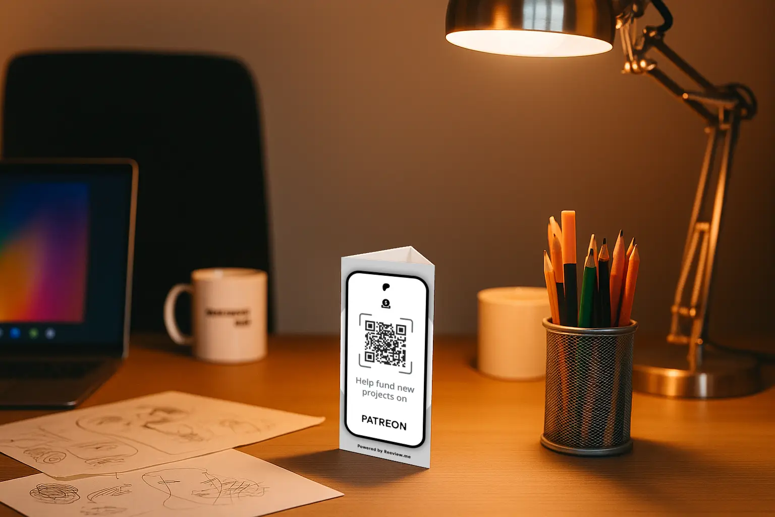 Patreon QR Code Table Stand displayed on desk