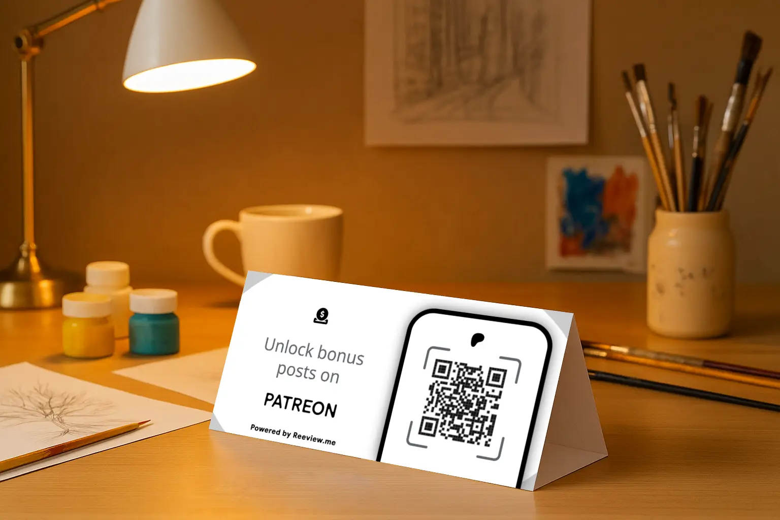 Patreon QR Code Table Tent on desk for artists and performers