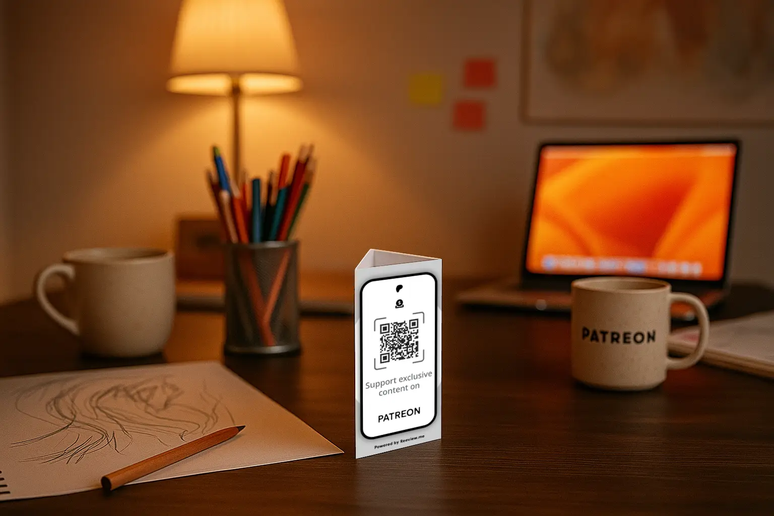 Patreon Table Stand with QR code on desk