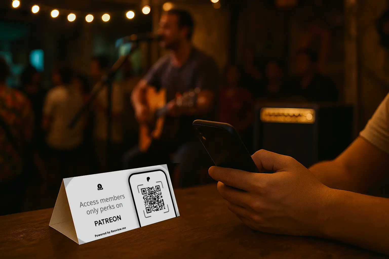 Table Tent with Patreon QR code displayed on pub table