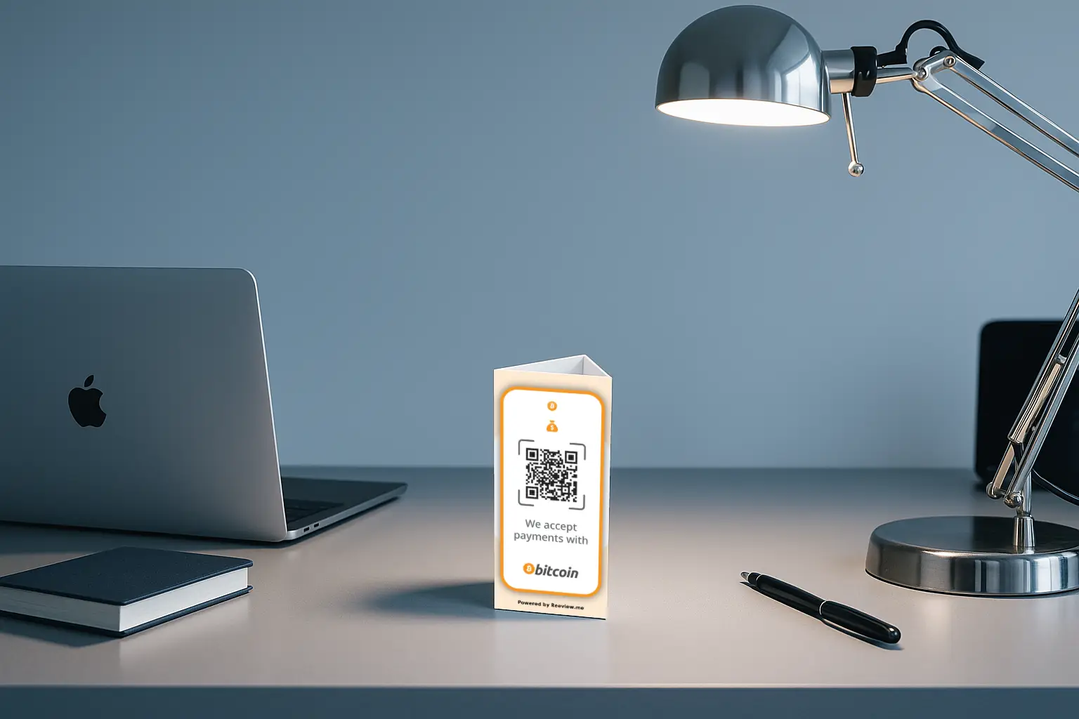 Bitcoin QR code table stand enabling seated customers to pay in Bitcoin instantly
