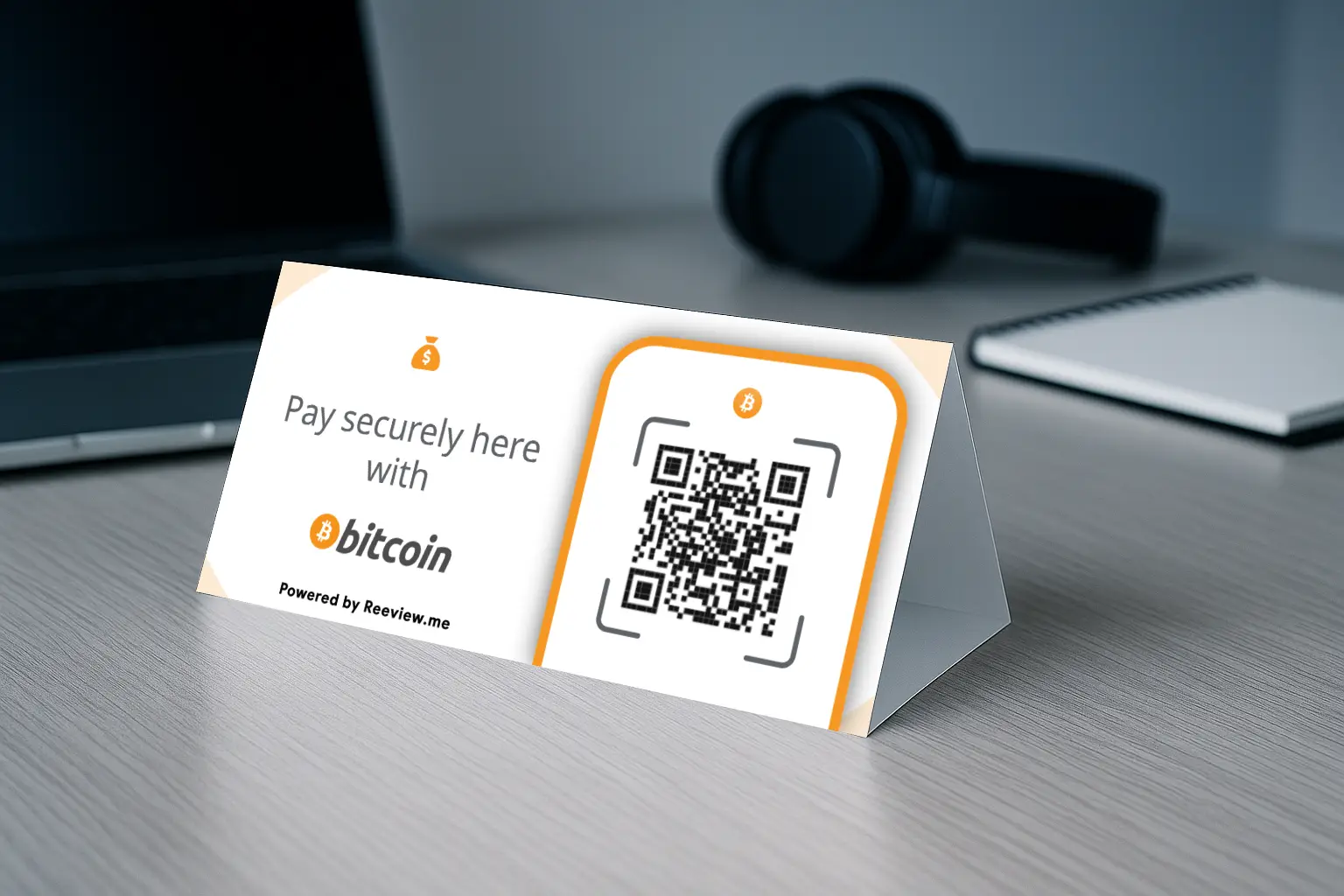 Bitcoin QR table tent allowing quick crypto payments from bar or table