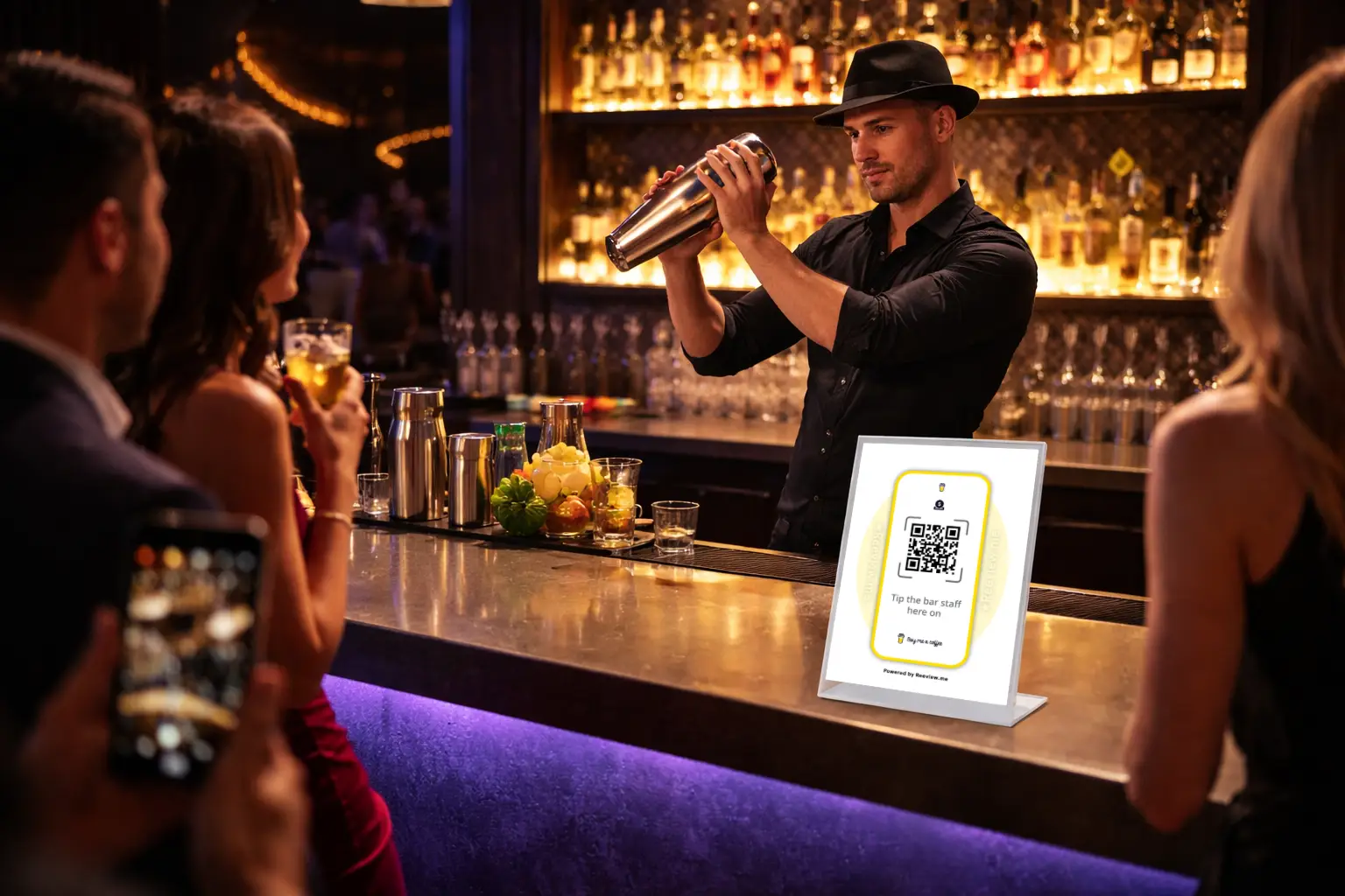 Buy Me a Coffee QR code table sign for support during a bartender exhibition