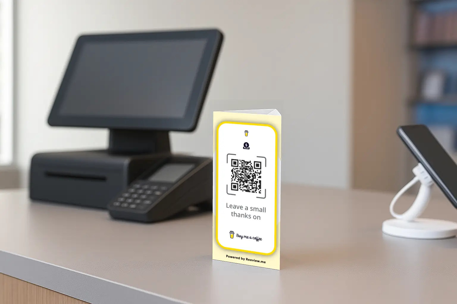 Buy Me a Coffee QR code table stand inviting support at counter
