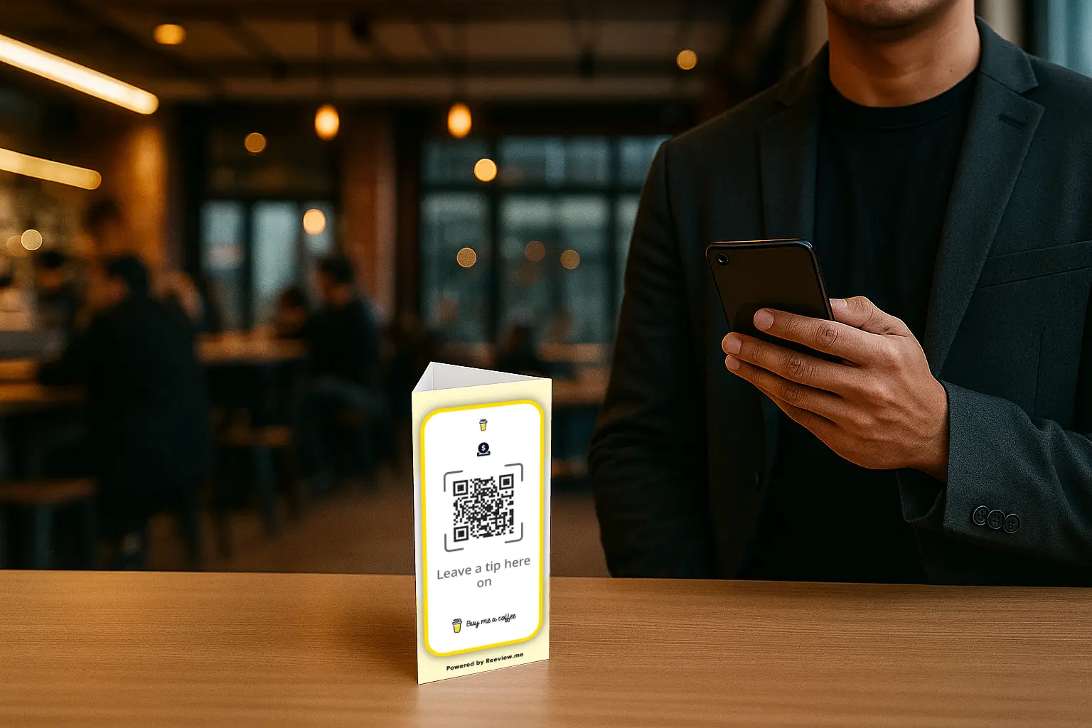 Buy Me a Coffee QR code table stand inviting support at a local business