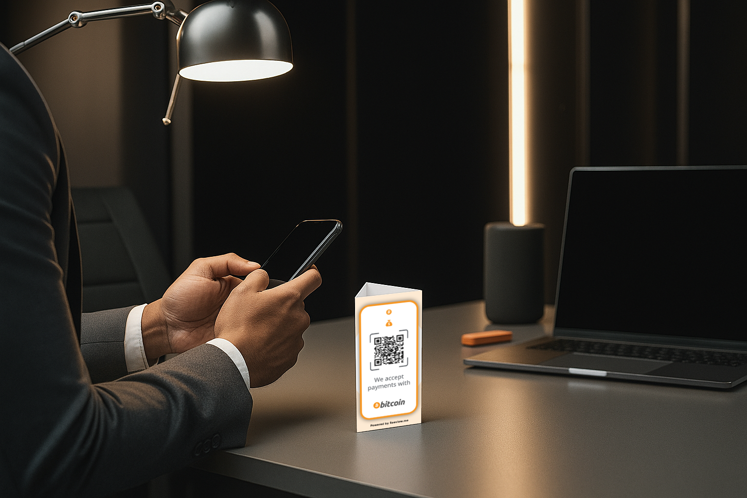 QR display showing Bitcoin accepted for fast checkout