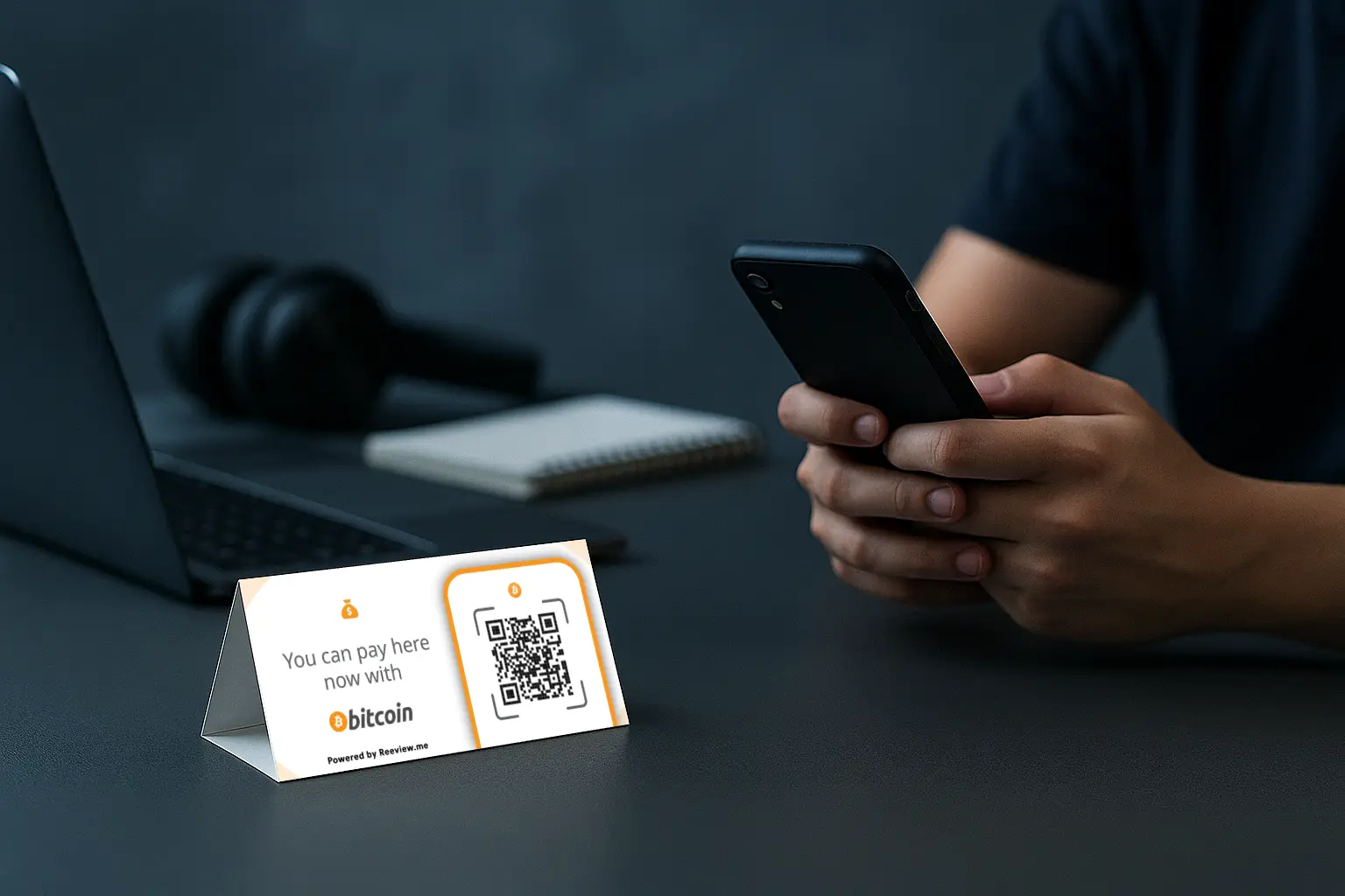 QR table tent showing Bitcoin accepted for fast digital checkout
