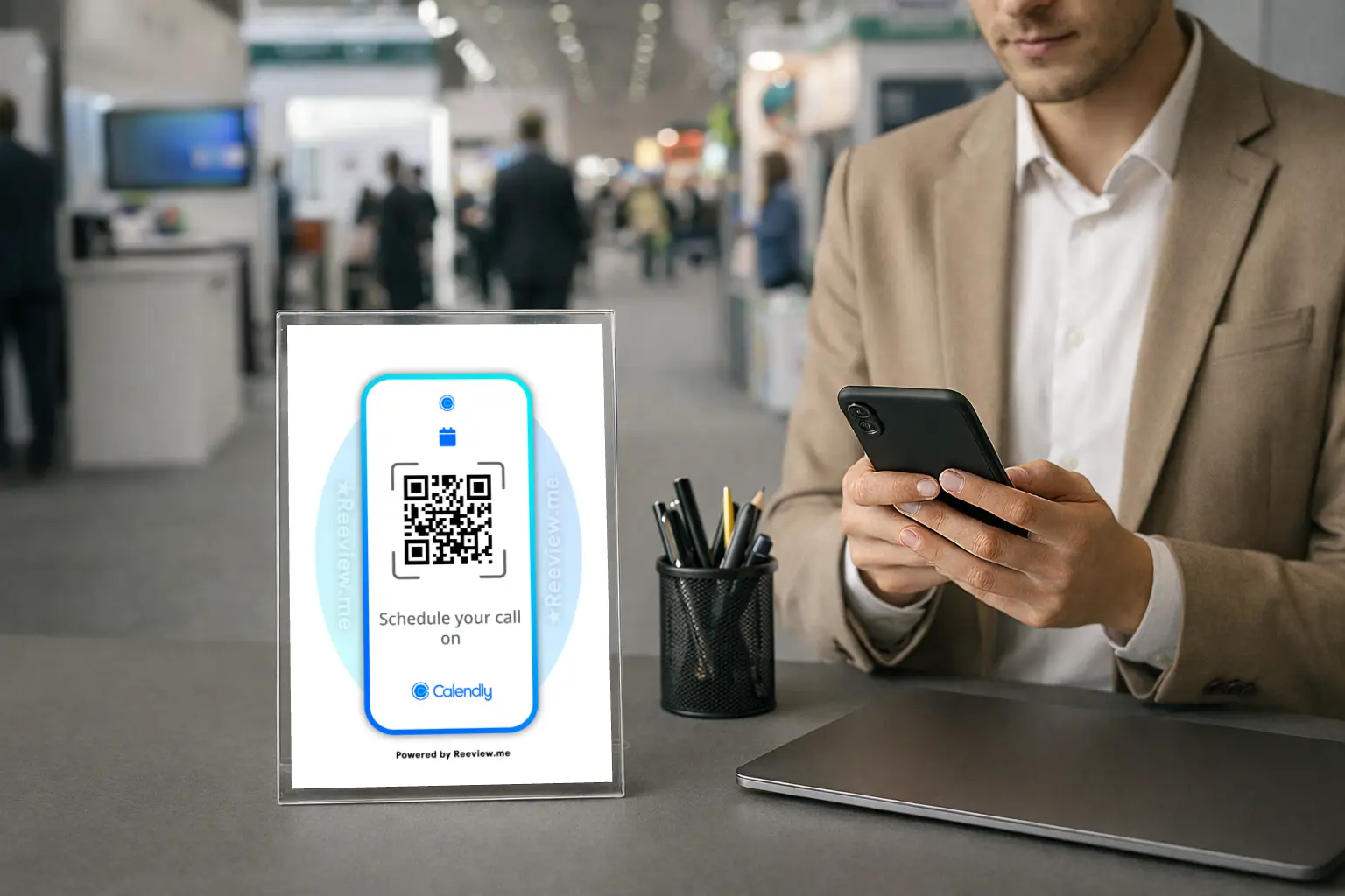 FRAME Calendly QR Code Sign for booth