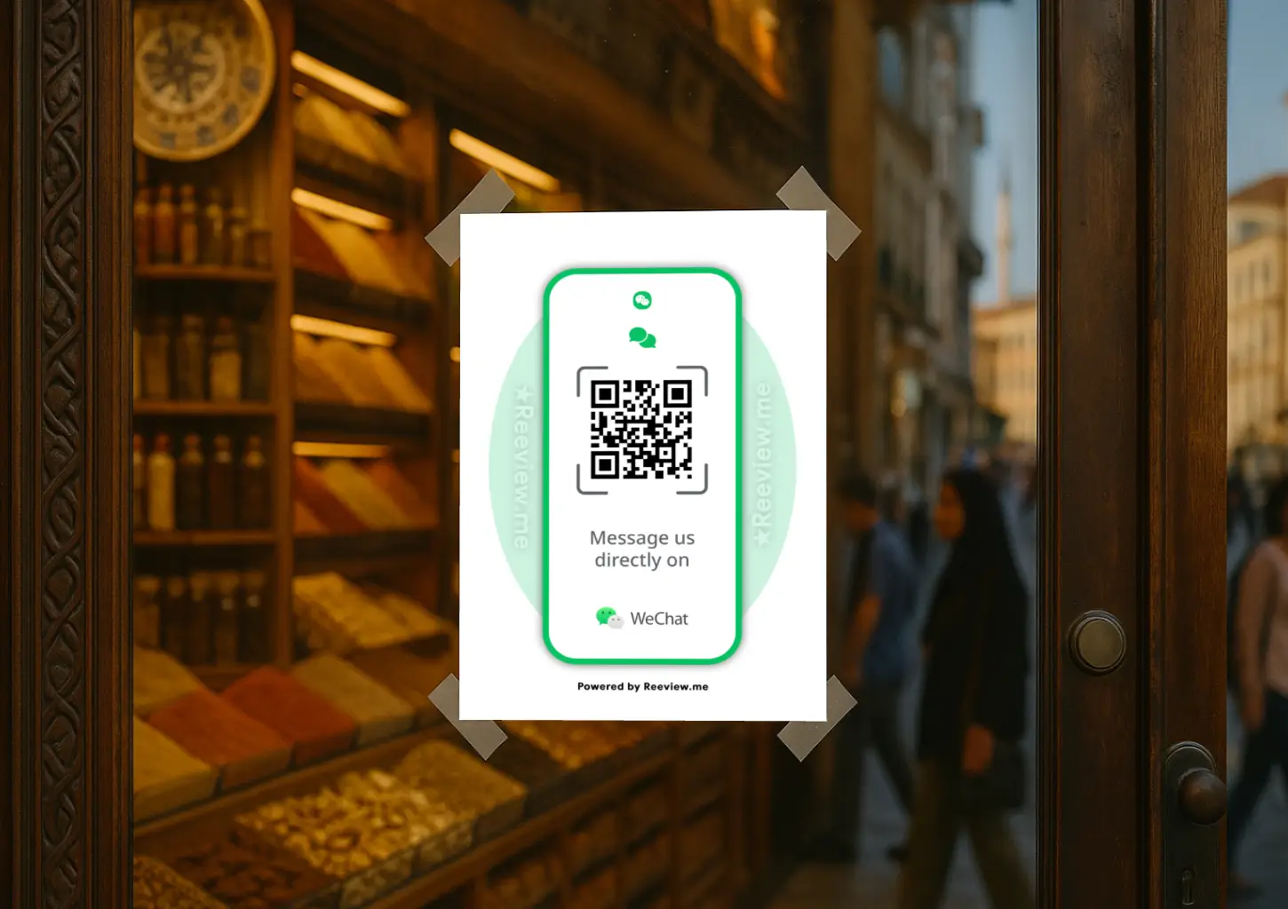 WeChat QR sign encouraging chat while visible from a shop window
