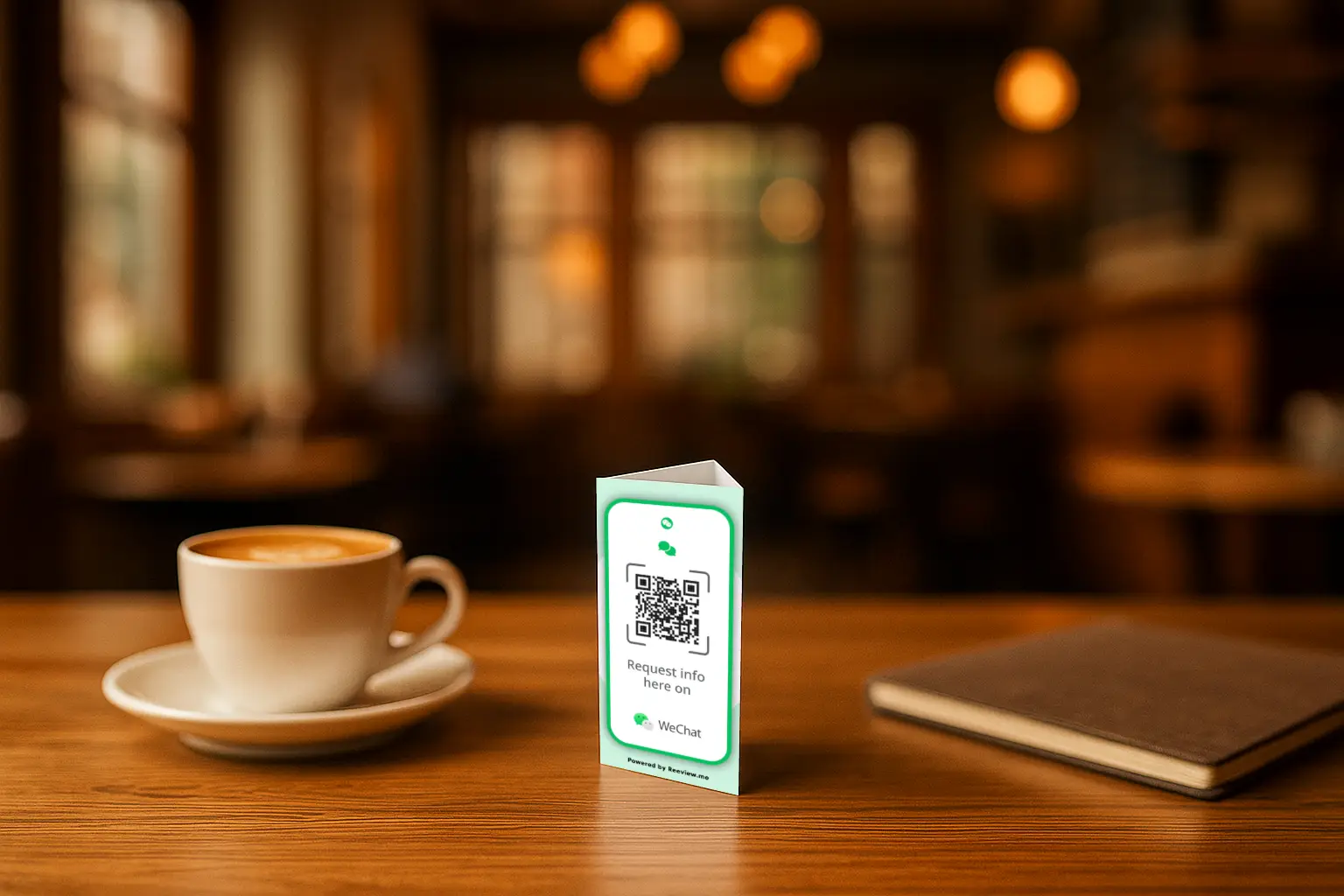 WeChat QR code table stand prompting customers to chat while dining or seated