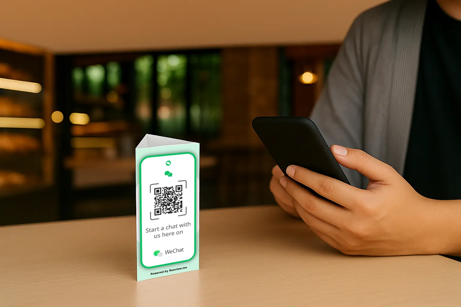 WeChat QR table stand for messaging placed at a reception desk