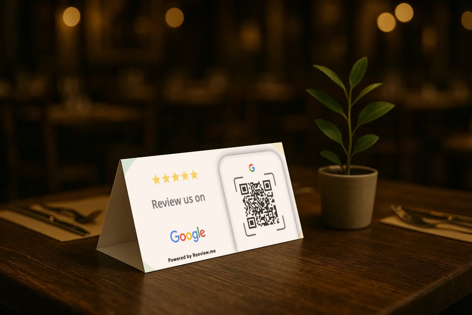 PRISM QR table sign inviting customers to leave honest online reviews
