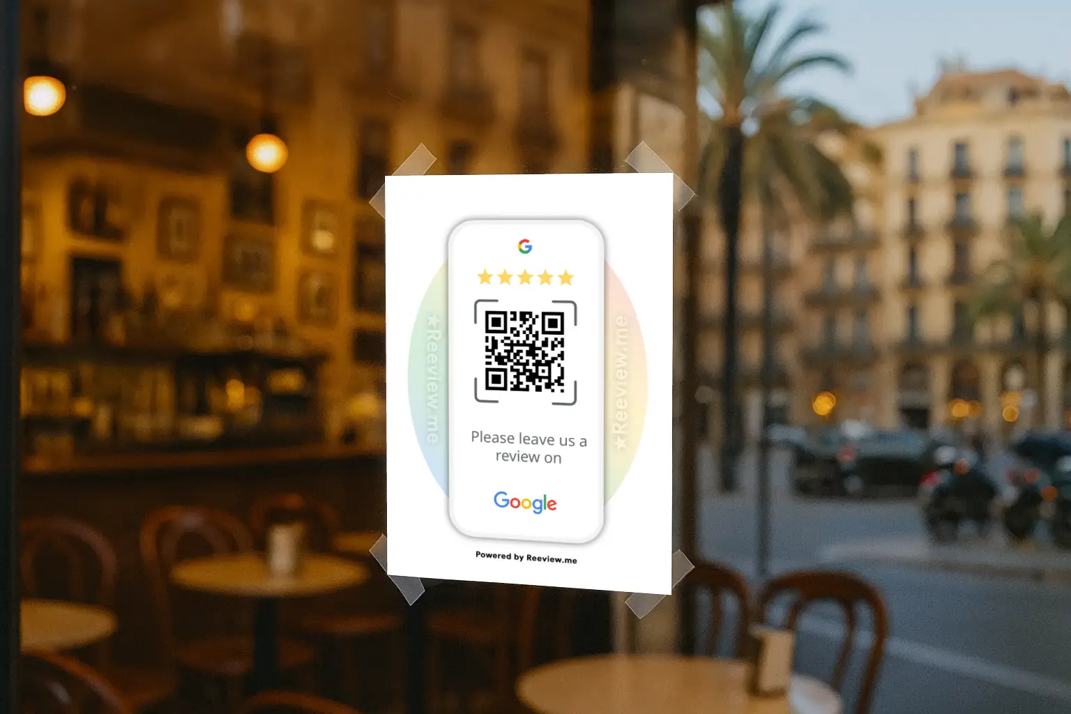 FRAME QR code review display in a café, example of ethical offline to online reviews
