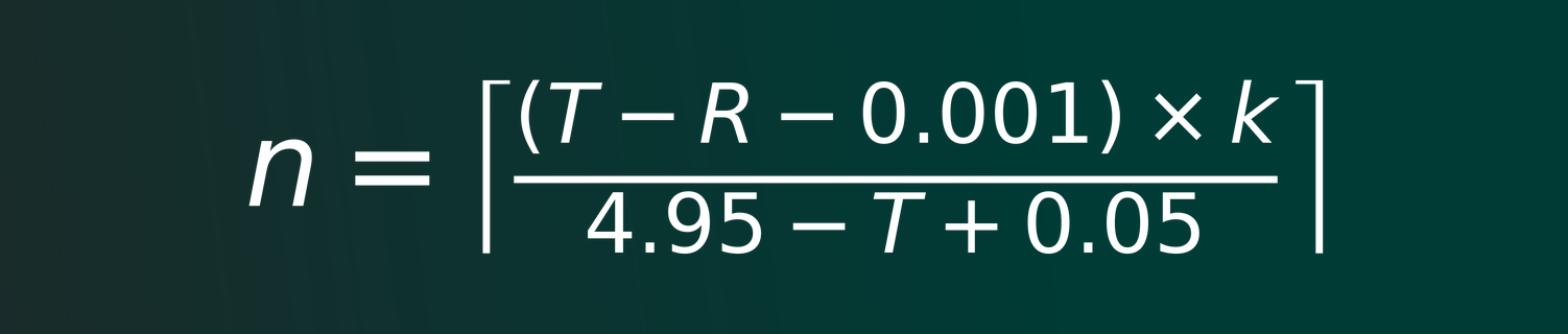 Formula used by the Google Review Calculator to estimate how many new 5-star reviews are needed to reach a target rating.